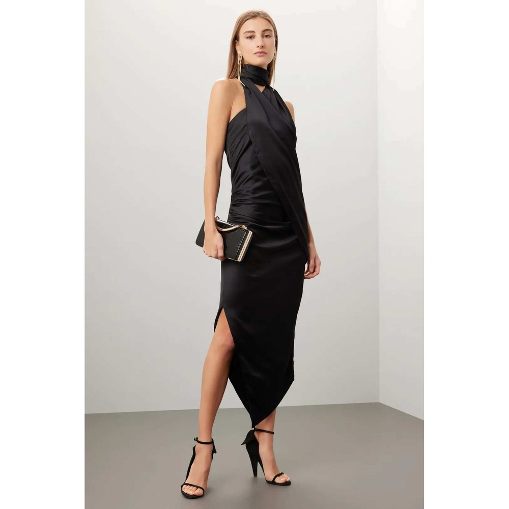 Arias New York Asymmetrical Dress Womens 8 Black Satin Halter Drape Cocktail LBD